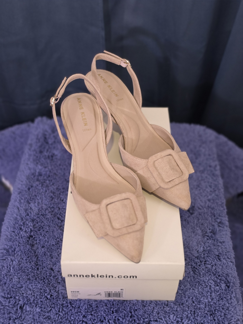 Anne Klein Light Tan Suede Pointed-Toe Slingback Heels with Buckle